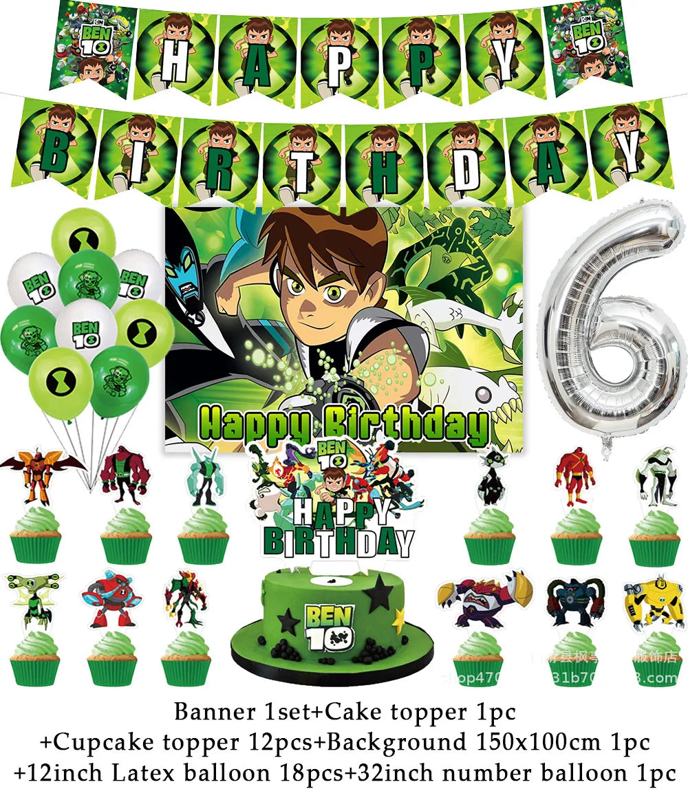 Cartoon Ben-10 Birthday Party Decoration Balloons Favor Set Banner Cake Toppers Baby Shower Boys Gift Party Supplies Photo Prop