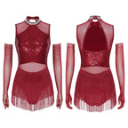Sparkly Sequin & Fringe Dance Dress with Gloves Latin Stage Performance Costume