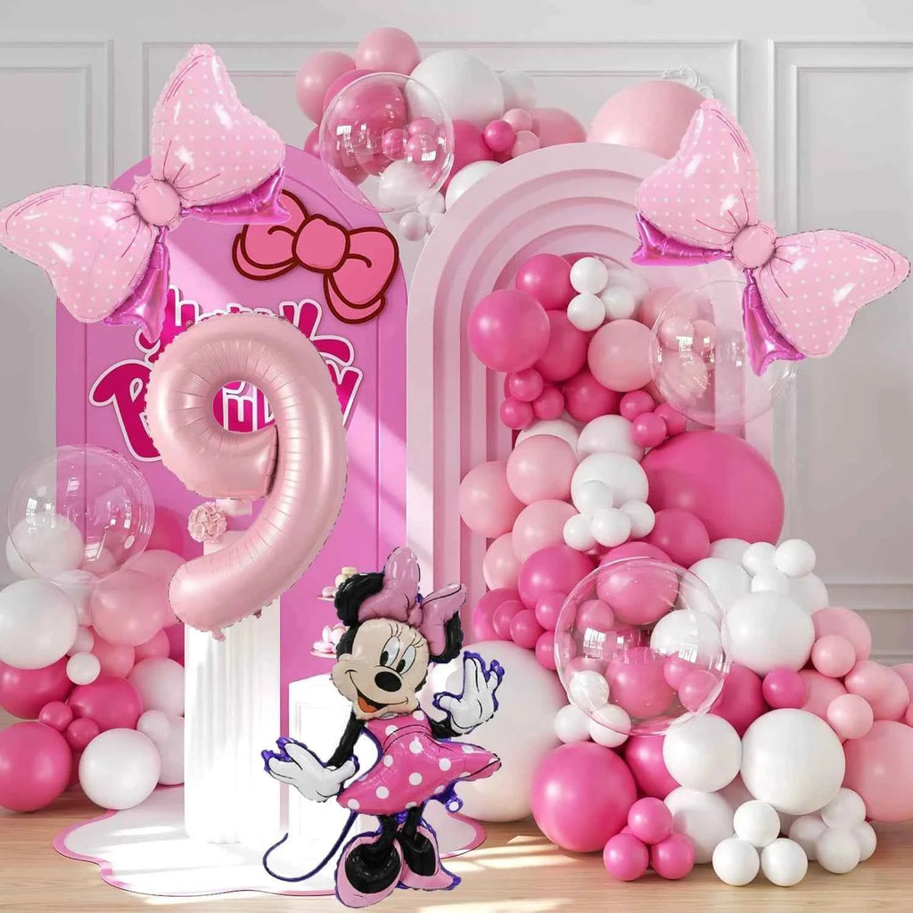 128PCS Minnie Mouse Pink Bow Aluminum Mold Balloon Garland Arch Set Girl Princess Birthday Party Baby Shower Decoration Supplies
