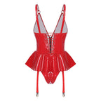 Glossy Wet-Look Halter Romper Bodysuit with Flared Skirt Hem & Integrated Garters