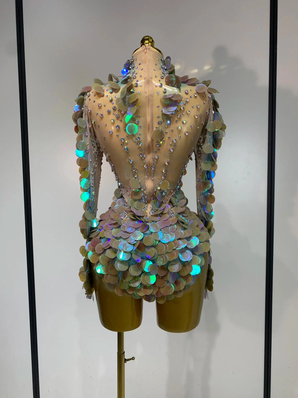 Iridescent Mermaid Scale Sequin & Rhinestone Illusion Bodysuit Stage Costume