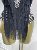 Women Black Bright Rhinestones Tassel Stretchy Mesh Thigh High Leotard Pole Dance Costumes Evening Party Club DJ Gogo Dress