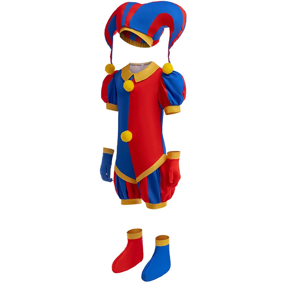 Boys Girls Clown Cosplay Costume Kids Pom Pom Jester Outfit for Halloween Carnival Show - Big Tim's Magic Emporium