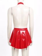 Glossy Wet-Look Halter Romper Bodysuit with Flared Skirt Hem & Integrated Garters