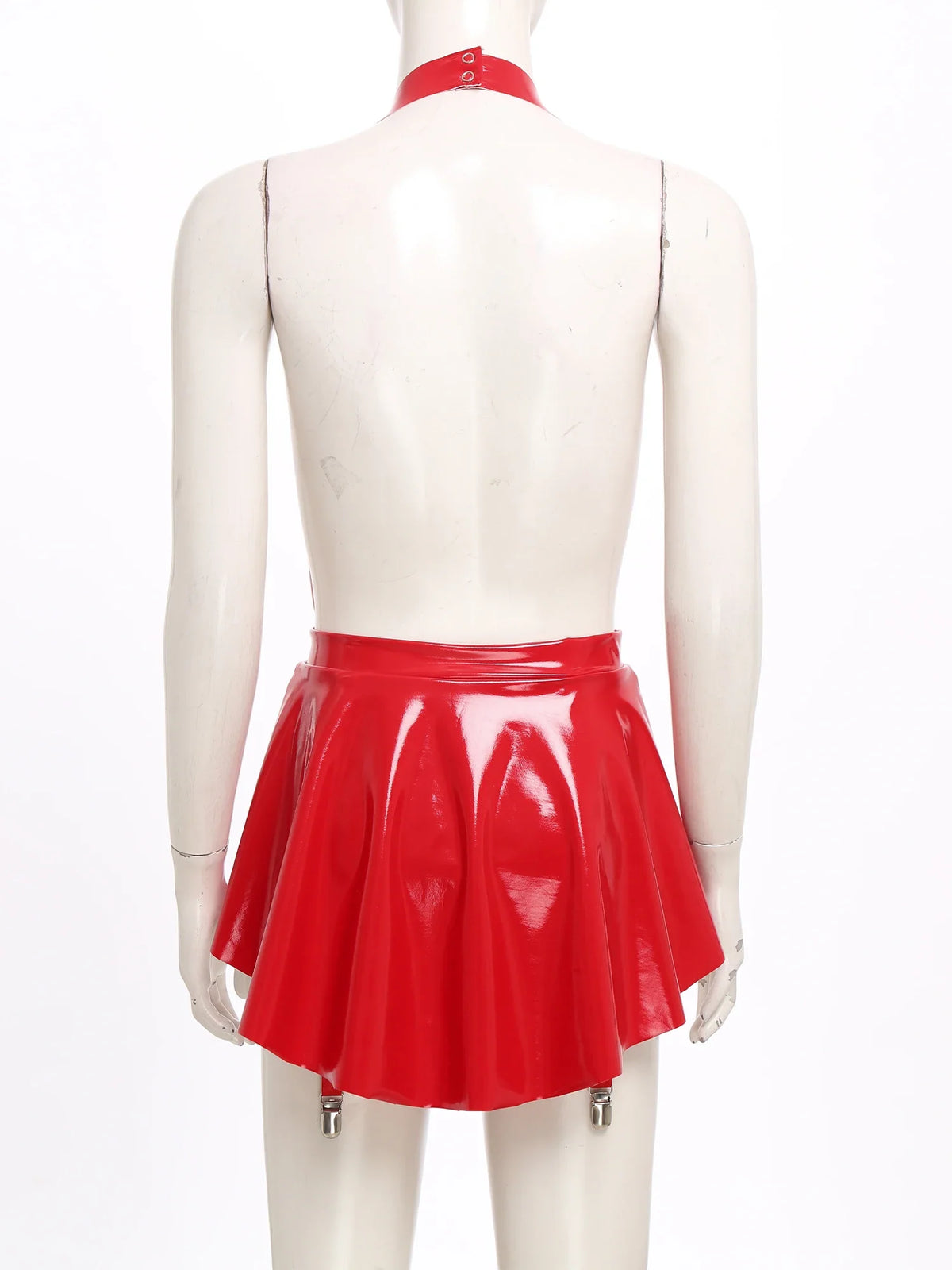 Glossy Wet-Look Halter Romper Bodysuit with Flared Skirt Hem & Integrated Garters
