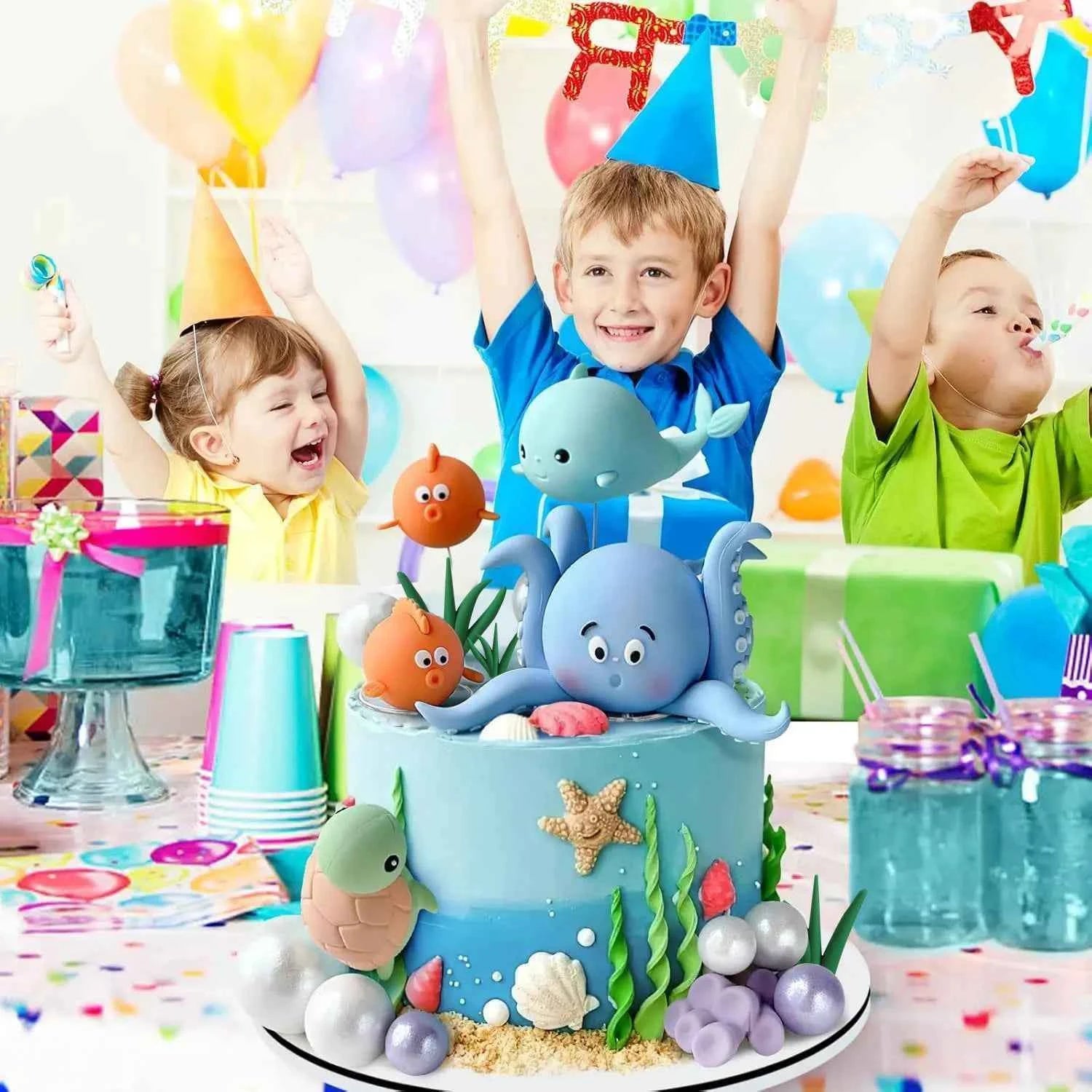 21PCS Under the Sea Cake Decorations Ocean Animals Cake Topper with Cake Balls for Boys Girls Baby Shower Birthday Party Supplie