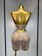 Colorful Rhinestone Pearl Sheer Dress & Two-Piece Mini Skirt Set Celebration Outfit