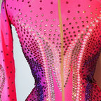 Luxury Pink Rhinestone long sleeve bodysuit Dancer Stage Wear Perform Show Girl Sheer Drag Queen Outfit Bar Nightclub