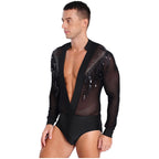 Men's Latin Salsa Sequin Tassel & Rhinestone V-Neck Performance Leotard Bodysuit