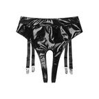 High-Waist Patent Leather Crotchless Thong & Garter Clip Lingerie