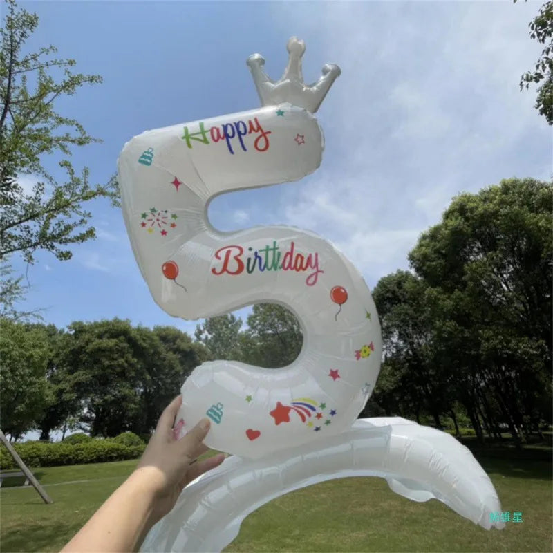 Birthday Digital Balloon White Standing 32 inch Happy Birthday Printed Aluminum Film Birthday Party Crown Balloon