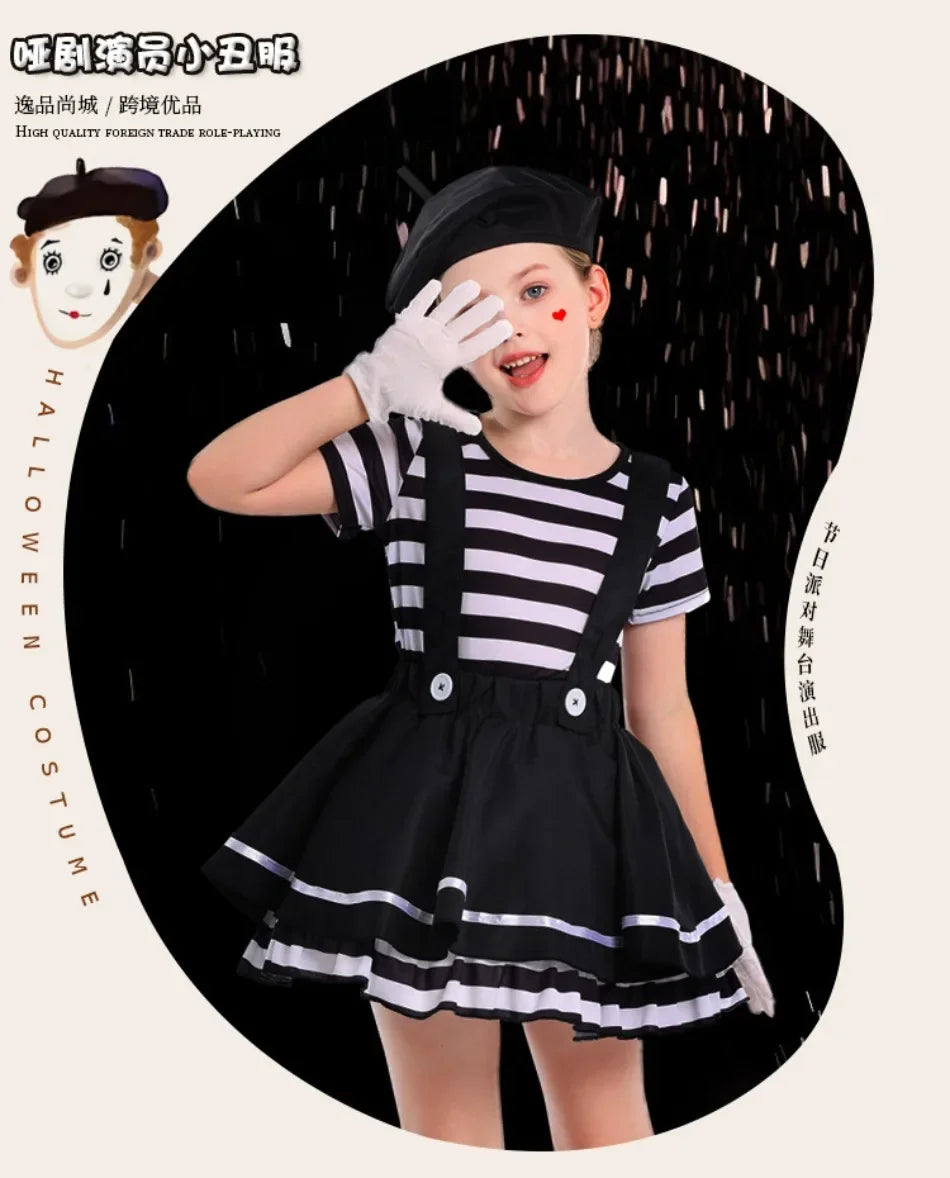 Girls Silent Actor Mime Artist Costume Funny Black White Clown Cosplay Dress for Halloween Carnival Party Outfits - Big Tim's Magic Emporium