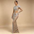 Fashion Skeleton Pattern Designed Shining Rhinestones Mesh Dress Women Halloween Party Celebrate Show Stage Outfit