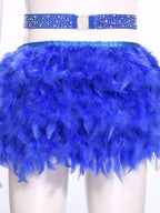 Glittery Rhinestone & Faux Feather Latin Dance Leotard Halter Bodysuit