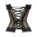 Leopard Satin Overbust Corset Lace Bowknot Clubwear Showgirl Body Shaper