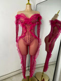 Sparkly Diamonds Women Long Sleeve See Through Mesh Tight Jumpsuit Costume Nightclub Dancer Outfit Performance Stage Wear