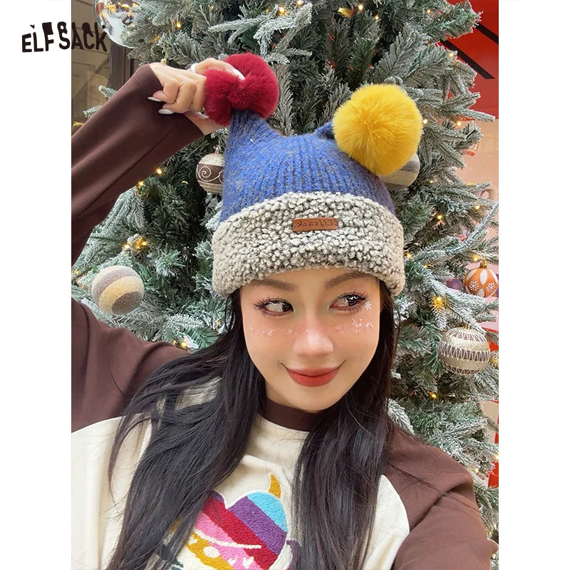 ELFSACK Cute Clown Colorful Pom Pom Warm Knit Beanie For Women - Big Tim's Magic Emporium