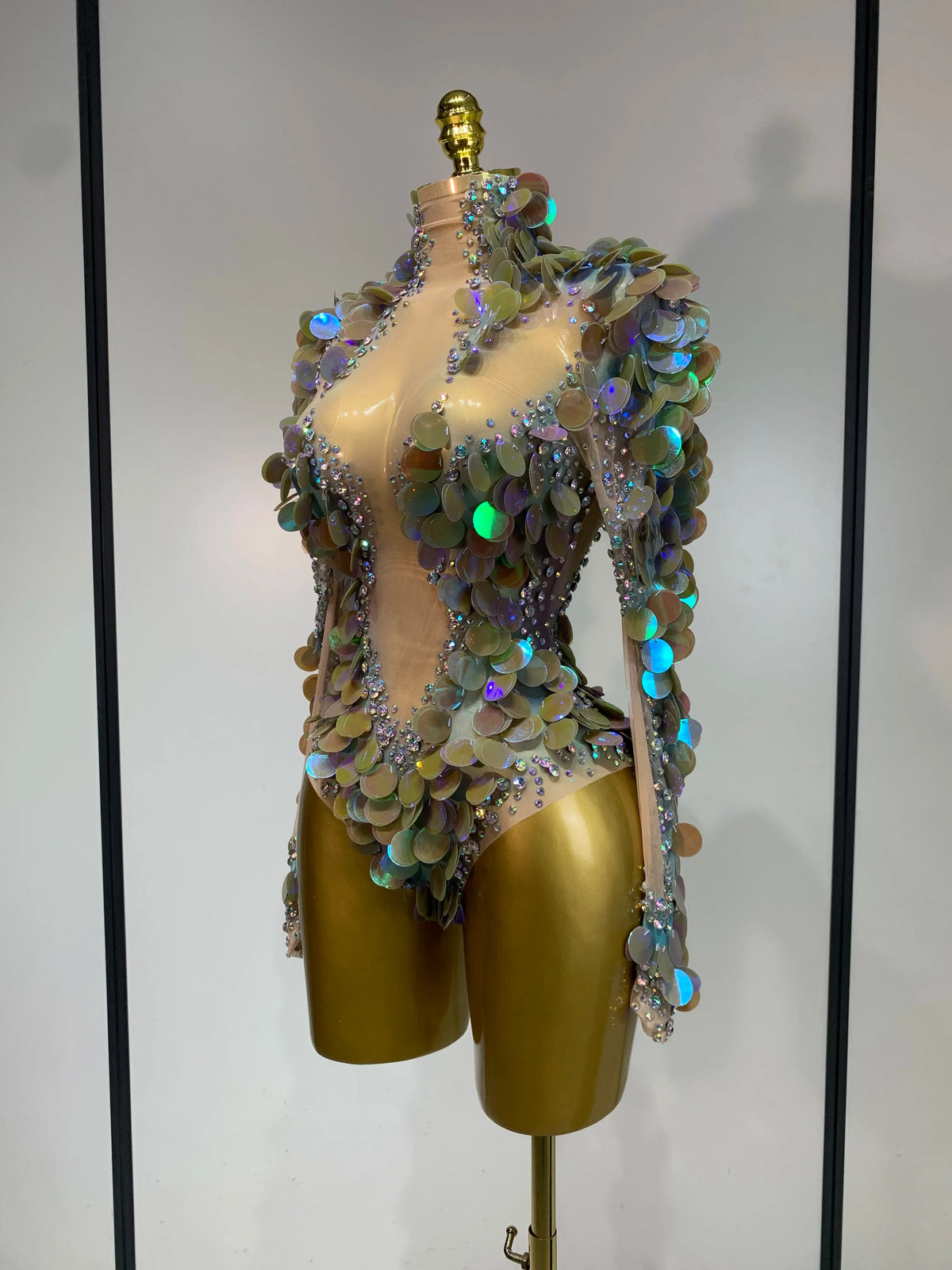 Iridescent Mermaid Scale Sequin & Rhinestone Illusion Bodysuit Stage Costume