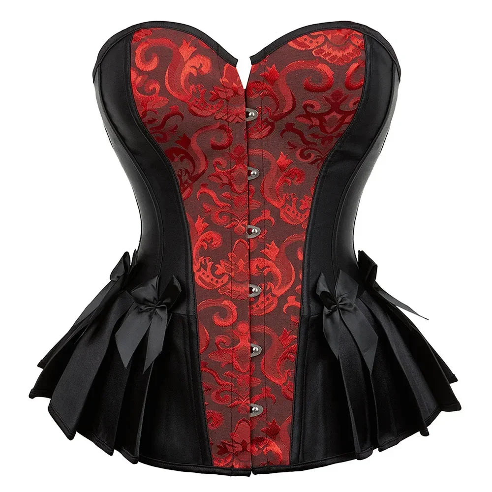 Vintage Gothic Floral Overbust Corset Top Lace Trim Boned Bustier