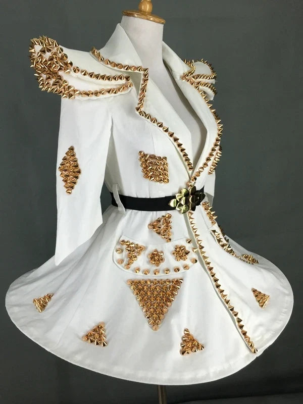 White Faux Leather Studded Stage Dress & Fluffy Skirt Pop Singer Costume Set