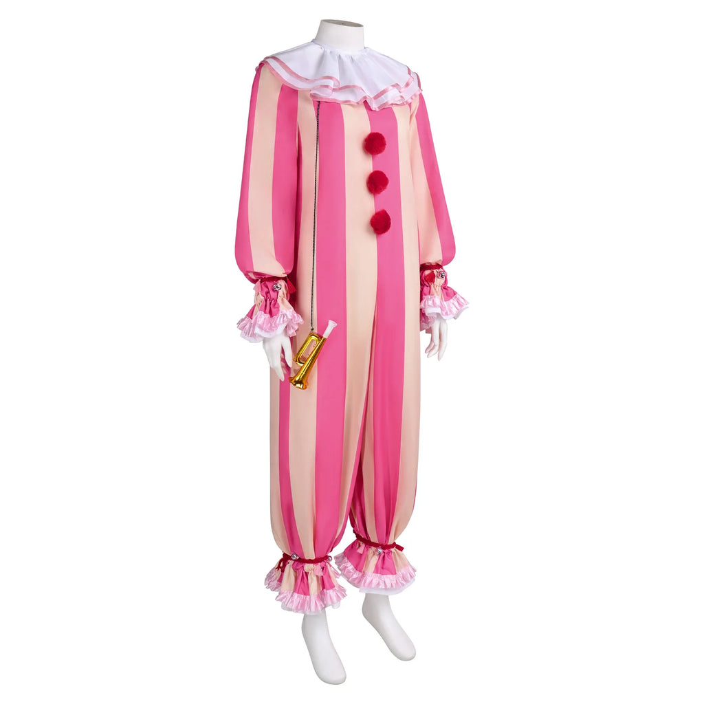 Playful Circus Clown Cosplay Costume Pink Striped Jumpsuit for Men Women Halloween Party Carnival Disguise Dress Outfits - Big Tim's Magic Emporium