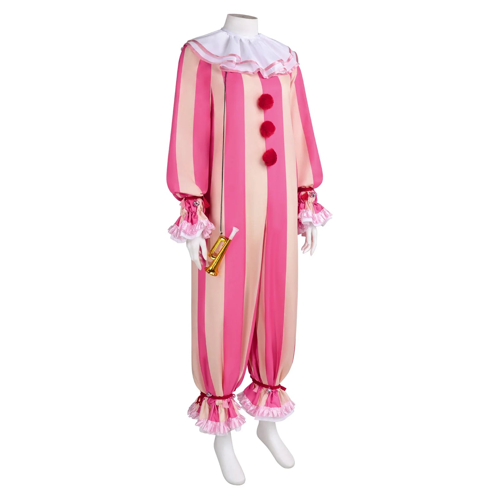 Playful Circus Clown Cosplay Costume Pink Striped Jumpsuit for Men Women Halloween Party Carnival Disguise Dress Outfits - Big Tim's Magic Emporium