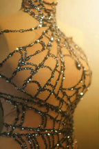 Sparkly Silver Rhinestone Spider Web Mesh Stage Performance Costume Set