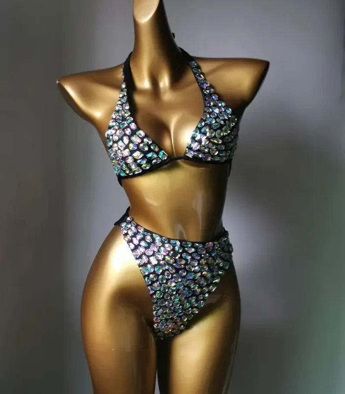 Nightclub Bar Sexy Disco Pole Dance Crystal Bikini Costume DJ Dancer Club Party Rave Outfit Pink Rhinestones Bra Set Stage Wear