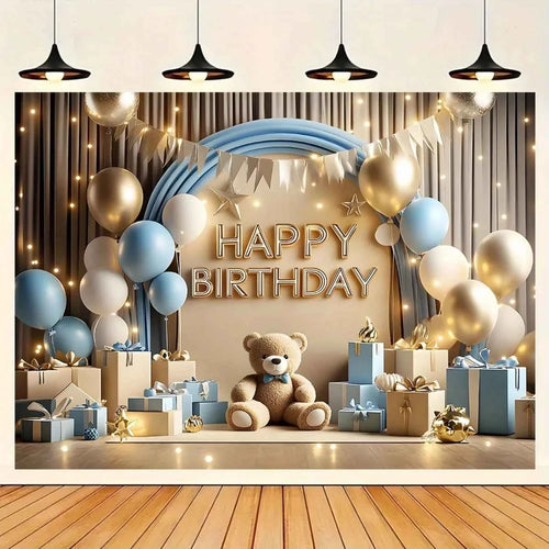 1 "Happy Birthday" background banner - a vibrant party decoration featuring balloons, gift boxes and teddy bear designs