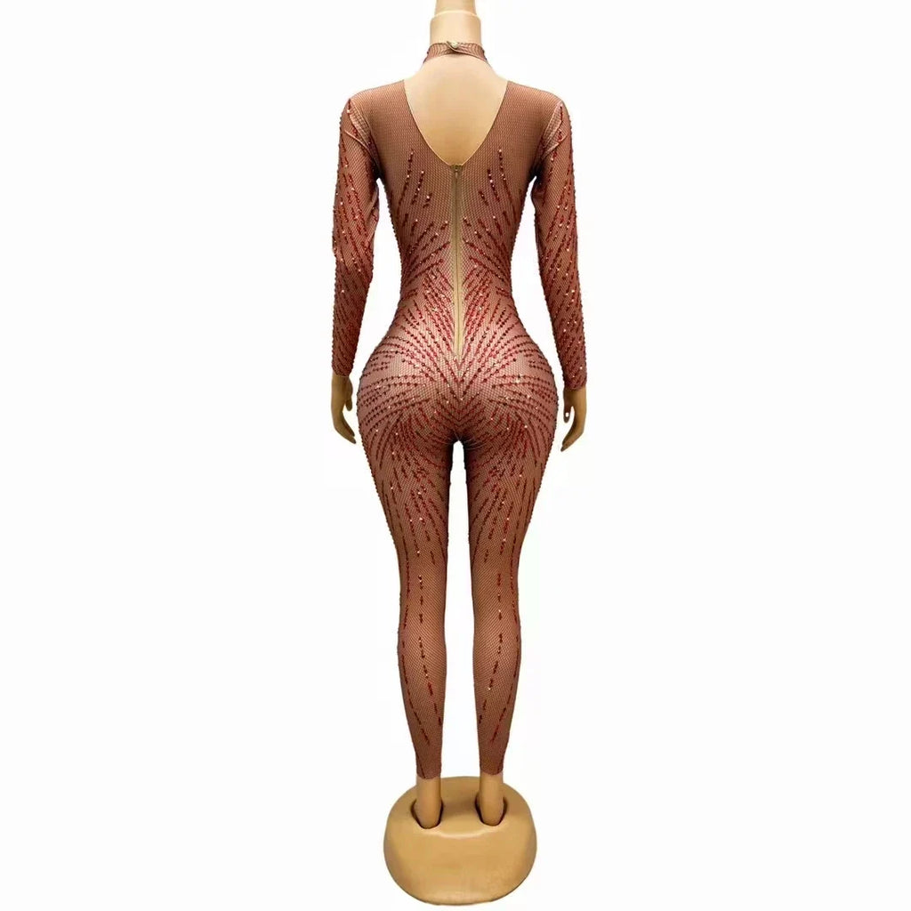 Crimson Red Rhinestone Catsuit Long Sleeve Illusion Stage Performance Jumpsuit