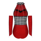 Queen of Hearts Rhinestone Halter Bodysuit & Sleeves Checkered Circus Stage Costume Set