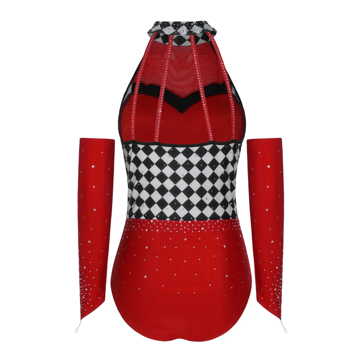 Queen of Hearts Rhinestone Halter Bodysuit & Sleeves Checkered Circus Stage Costume Set