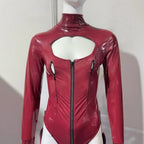 Faux Latex PU Leather Hollow-Out Breast Zipper Bodysuit & Stockings Set