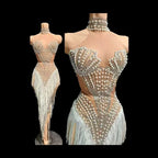 Sparkly Rhinestone, Pearl & Tassel Transparent Performance Dress Stage Costume