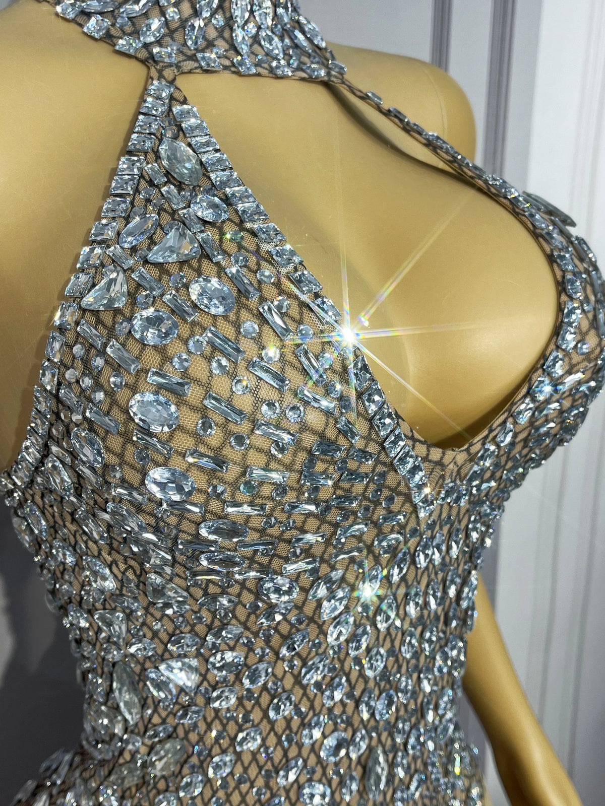 Silver Rhinestone High-Cut Backless Stage Bodysuit Dance Performance Leotard