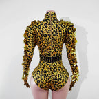 Vintage-Inspired Leopard Print Shiny Rhinestone Sequin Leotard