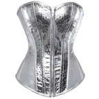 Gothic Metallic Faux Leather Overbust Corset Shiny Steel-Look Bustier