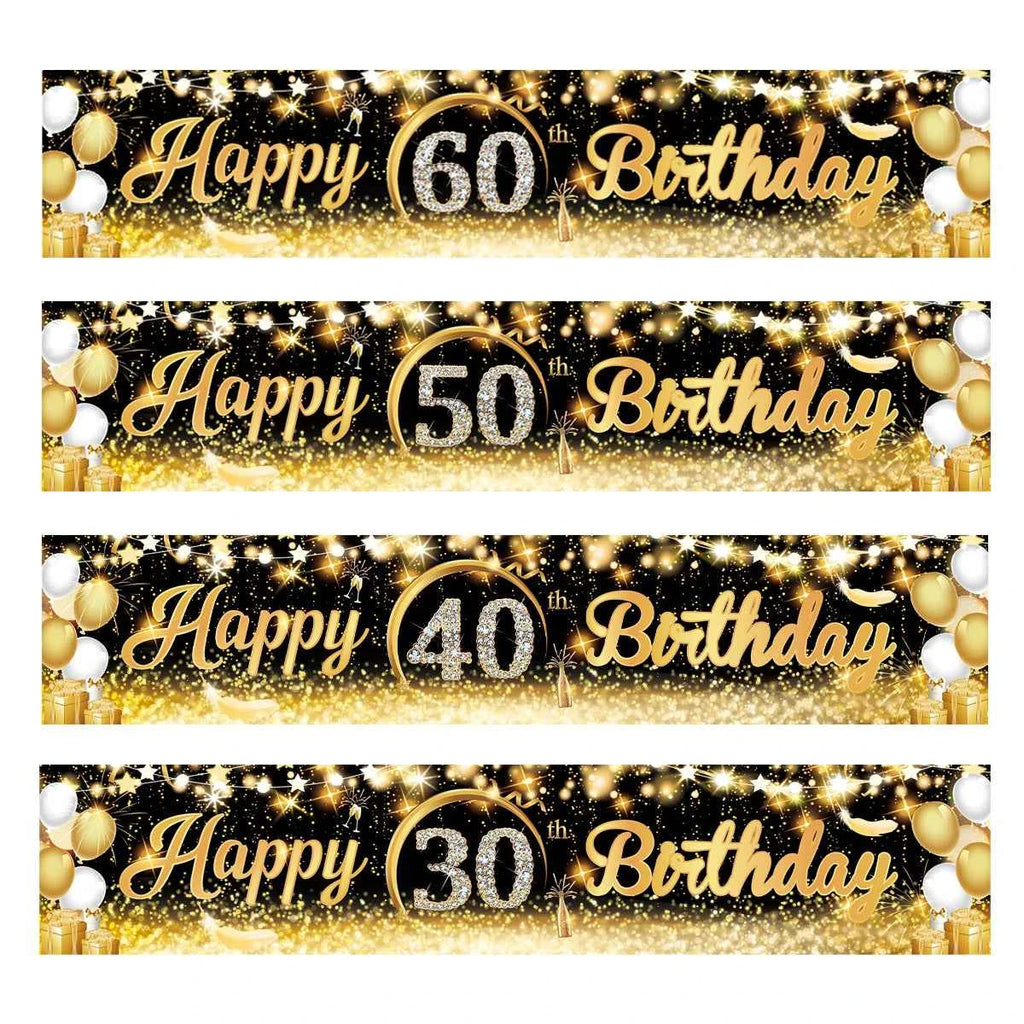 Black Gold Happy Birthday Banner Balloon Flag Adult 30th 40th 50th 60th Birthday Party Decoration Supplies Bunting Anniversary