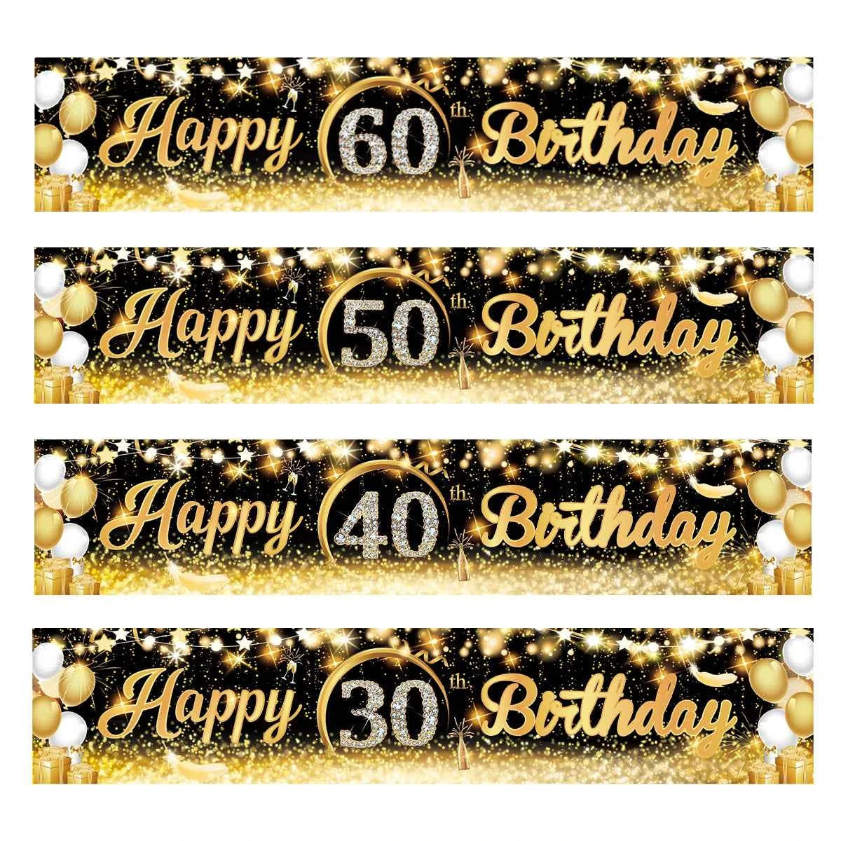 Black Gold Happy Birthday Banner Balloon Flag Adult 30th 40th 50th 60th Birthday Party Decoration Supplies Bunting Anniversary