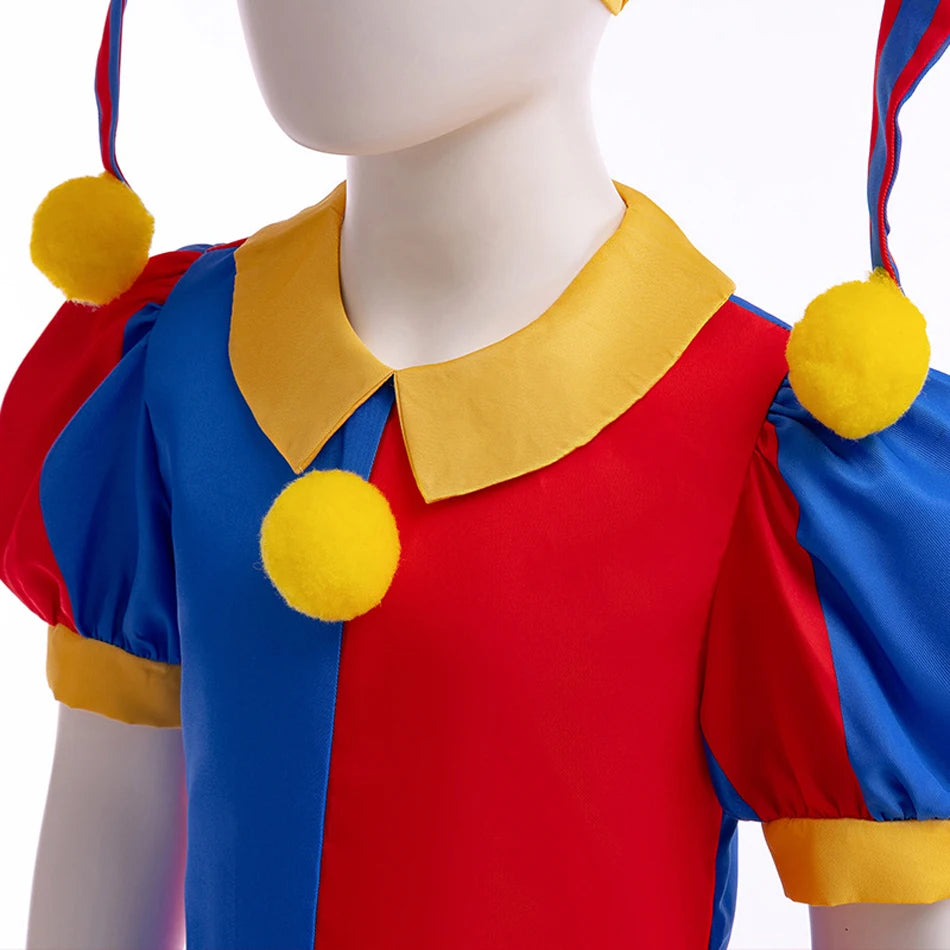 Boys Girls Clown Cosplay Costume Kids Pom Pom Jester Outfit for Halloween Carnival Show - Big Tim's Magic Emporium