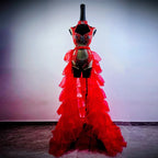 Hollow-Out Rhinestone Bodysuit & Feathered Layered Skirt Carnival Costume Set
