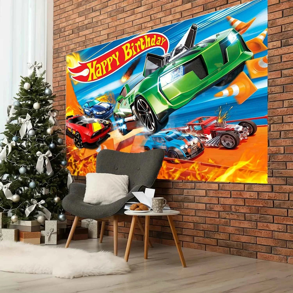 1PC, birthday party background board, hot car birthday party supplies, cartoon car themed birthday party decoration
