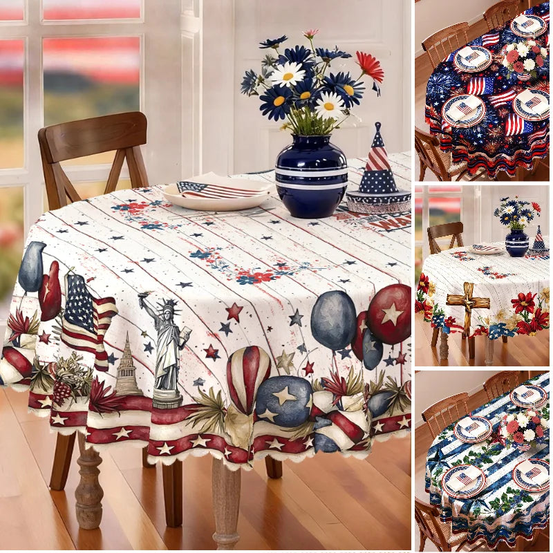 4th of July Tablecloth, Patriotic Independence Day American Flag Oval White, Blue for Outdoor BBQ Party Family Gathering