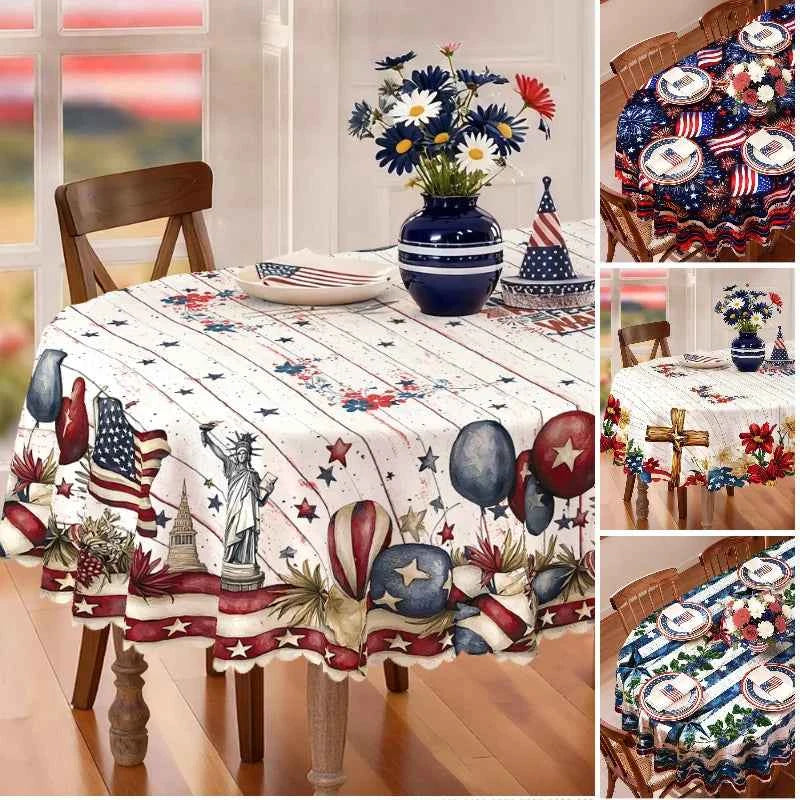 4th of July Tablecloth, Patriotic Independence Day American Flag Oval White, Blue for Outdoor BBQ Party Family Gathering