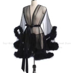 Sheer Mesh & Plush Feather Trim Long Sleeve Robe Lingerie Stage Costume