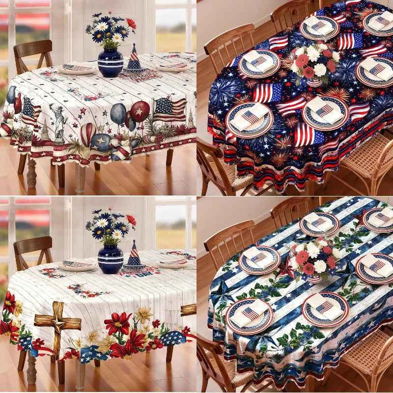 4th of July Tablecloth, Patriotic Independence Day American Flag Oval White, Blue for Outdoor BBQ Party Family Gathering