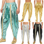 Men's Metallic Shiny Harem Dhoti Pants Gold Brocade Trim Prince Cosplay Costume