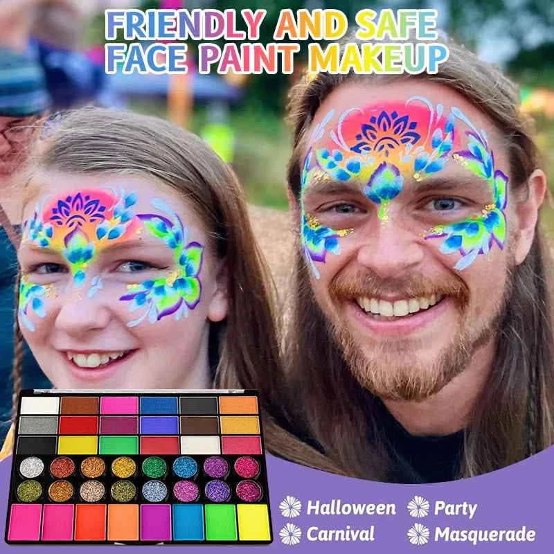42 Colors Water-Based Face Paint Palette Neon Fluorescent Shades with Glitter Sequins for Art, Festivals, Cosplay Makeup