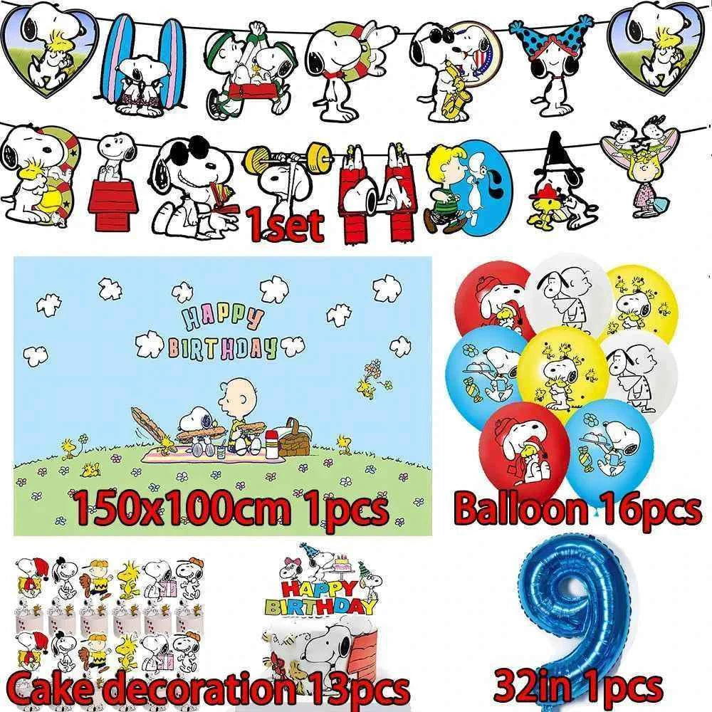 Cartoon Snoopys Birthday Decoration Set Banners Cake Toppers Balloons Backdrops Kids Birthday Gifts Baby Shower Party Supplies