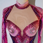 Luxury Pink Rhinestone long sleeve bodysuit Dancer Stage Wear Perform Show Girl Sheer Drag Queen Outfit Bar Nightclub